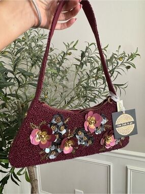 Made in India Maroon Beaded Shoulder Bag With Floral design